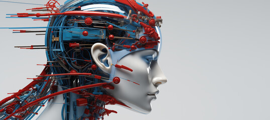 Wall Mural - a profile view of a robotic head with intricate wiring and mechanical parts, depicting an advanced a
