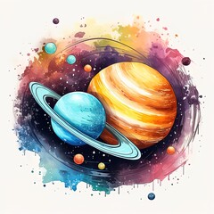 Wall Mural - watercolor colorful clipart planets in space