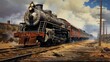 antique retro vintage train steam locomotive with smoke travels along the railway on a sunny day. concept train, transport, retro, 19th century