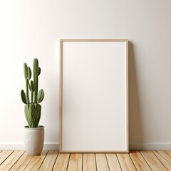 Wall Mural - blank mockup light on white wall background with cactus in pot with space for text. concept mockup, 