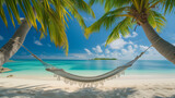 Fototapeta  - secluded paradise beach on a tropical island, hammock tied between two palm trees, clear blue sky, pristine white sand, untouched nature surrounding. Midday sun with bright, vivid color, Generative AI
