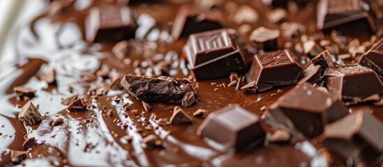 Wall Mural - A delectable chocolate cake covered in chocolate chunks on a baking sheet as seen up close.