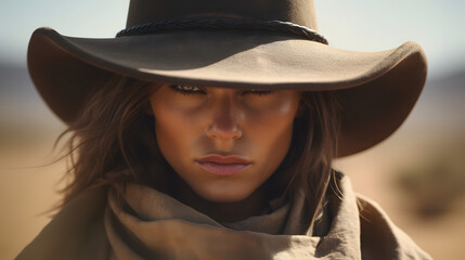 Portrait of a woman in the wild west in a cowboy outfit