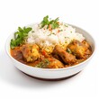 Side View of a Delicious Plate of Chicken Curry on a White Background