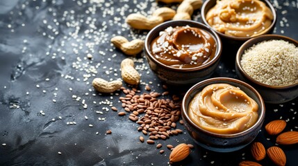 Wall Mural - Peanut butter in bowl with sesame seeds on black background.