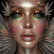 face adorned with iridescent, glittery makeup giving off a fantastical, ethereal vibe.