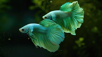 Wall Mural - Green bettas blue close-up on a black background in an aquarium.