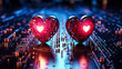 Futuristic concept of love and technology with glowing neon hearts on a circuit board, symbolizing Valentine's Day in the digital and social media age