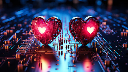 Wall Mural - Futuristic concept of love and technology with glowing neon hearts on a circuit board, symbolizing Valentine's Day in the digital and social media age