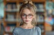 A studious girl with striking blue eyes gazes thoughtfully at a book on a crowded library shelf, her glasses perched delicately on her nose, surrounded by the comforting scent of old books and the wa