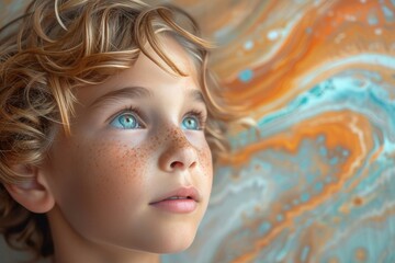 Wall Mural - Captivating innocence captured in a child's portrait, highlighting delicate features of human face - from fluttering eyelashes to smooth skin and expressive eyebrows