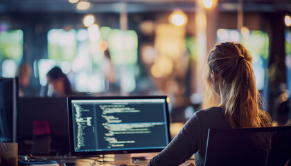girl coding at laptop in an open office