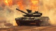 In a fiery desert battle, an armored tank bravely navigates a minefield during a war invasion.