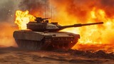 Fototapeta Łazienka - In a fiery desert battle, an armored tank bravely navigates a minefield during a war invasion.