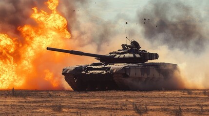 Wall Mural - In a fiery desert battle, an armored tank bravely navigates a minefield during a war invasion.