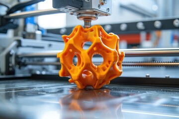 Poster - A machine in action, manufacturing a ball-shaped structure out of plastic materials, 3D printed multi-material object resting on the printer bed, AI Generated