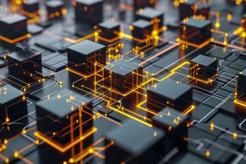 Poster - A photo showing a vast collection of black and yellow cubes arranged in an organized manner, A 3D model of various interconnected blocks, symbolizing a blockchain database, AI Generated