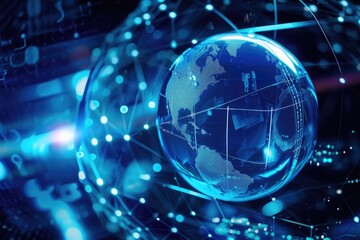 Poster - A photo featuring a globe in blue and black colors, with lines and dots forming a visual pattern around it, A blue globe encased in a network shield, AI Generated