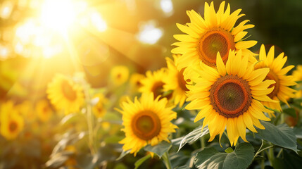Wall Mural - Sunflower field against the setting sun. Natural banner.