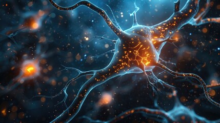 Wall Mural - Neurons in the brain illuminated by scientific backdrop.