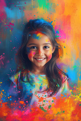 Wall Mural - Smiling little girls with long hair and colored powder on their faces at the festival of Holi.