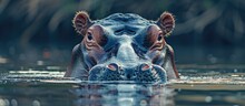 Amphibian Hippopotamus Head Submerged In Water.