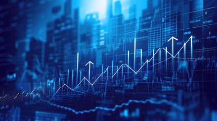Wall Mural - Blue backdrop with financial bar chart, uptrend line, and widescreen abstract stock market graph.