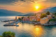 A Stunning View Of A Sunset Casting Vibrant Hues Of Orange And Pink Over A Small Coastal Town Nestled On The Waters Edge, A Charming Seaside Town Bathed In A Golden Summer Sunset, AI Generated