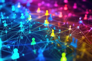 Poster - In this photo, a group of people are visually connected through the use of lines and dots, A colorful visualization of social media marketing with various networks in play, AI Generated
