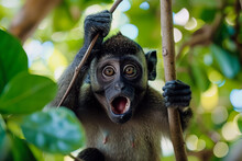 Funny Monkey Hanging From A Vine And Making Faces