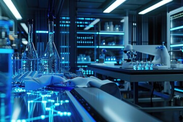 Poster - A busy science lab filled with various bottles and a wide range of equipment used for conducting experiments, A conceptual representation of cloning in a high-tech lab, AI Generated