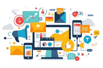 Poster - A computer screen sits among a collection of various devices, creating a busy and functional workspace, A concept of digital marketing strategy showing various platforms and channels, AI Generated