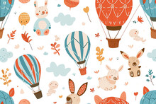 Whimsical Pattern With Cartoon Animals And Floating Hot Air Balloons