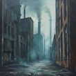 Atmospheric industrial alley with smokestacks, mist, and moody blue tones