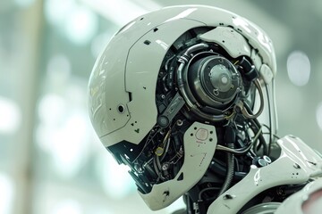 Poster - This photo captures a detailed close-up of a robots face, with a blurry background emphasizing its features, A cyborg with bioengineered enhancements, AI Generated
