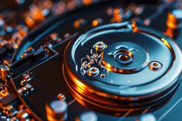 Poster - This close-up photograph captures the intricate details of a hard drive, showcasing its components and technology, A damaged hard drive, data recovery concept, AI Generated
