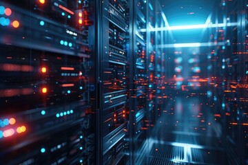 Poster - This photo shows a spacious room filled with multiple rows of servers, showcasing the intricate network infrastructure, A densely layered stack of futuristic servers in a data center, AI Generated