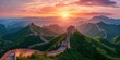 Spectacular Sunset View Of The Iconic Great Wall Stretching Across Chinese Mountains. Сoncept Ancient Temples In Southeast Asia, Majestic Waterfalls Around The World