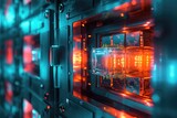 Fototapeta  - CloseUp View of Metal Structure With Red and Blue Lights, A digital bank vault with blocks inside each containing a unique code, symbolizing the security offered by blockchain technology, AI Generated