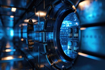 Poster - Close Up of Machine in a Room, A digital bank vault with blocks inside each containing a unique code, symbolizing the security offered by blockchain technology, AI Generated