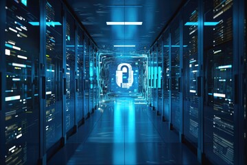 Poster - A long hallway in a data center filled with numerous blue lights, showcasing the technological infrastructure, A digital fortress securing sensitive data, AI Generated