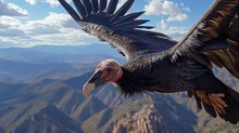Majestic Vulture Soaring Over Picturesque Mountain Ranges, Displaying Detailed Feathers And Vivid Landscape