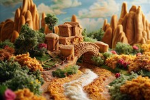 A Small-scale Model Of A Bridge Spanning Over A Flowing Stream In A Realistic Miniature Landscape, A Fantasy-inspired Landscape Made Of Bread, AI Generated