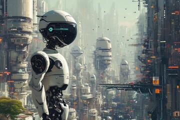 Poster - A robot stands tall in front of an impressive and technologically advanced cityscape, A futuristic city populated by humanoid robots, AI Generated