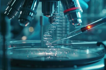 Poster - This photo showcases a detailed view of a machine actively working on a task, A futuristic medical procedure involving gene editing, AI Generated