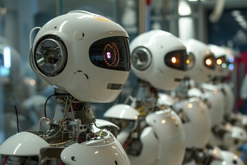 Poster - A row of white robots with glowing eyes standing in a line against a plain background, A group of robots in a robotics lab, AI Generated