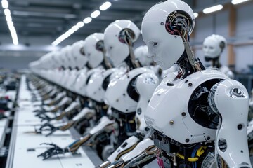 Poster - A line of white robots sits atop a conveyor belt, ready for automated processes, A group of robots in a robotics lab, AI Generated