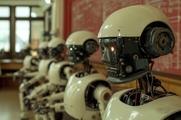 Poster - A group of white robots neatly arranged in a row inside a room, A group of robots in a robotics lab, AI Generated
