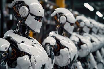 Poster - A group of identical white robots are lined up in a row, standing closely beside each other, A group of robots in a robotics lab, AI Generated