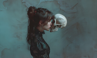 Wall Mural - girl holding the skull with both hands,face the skull